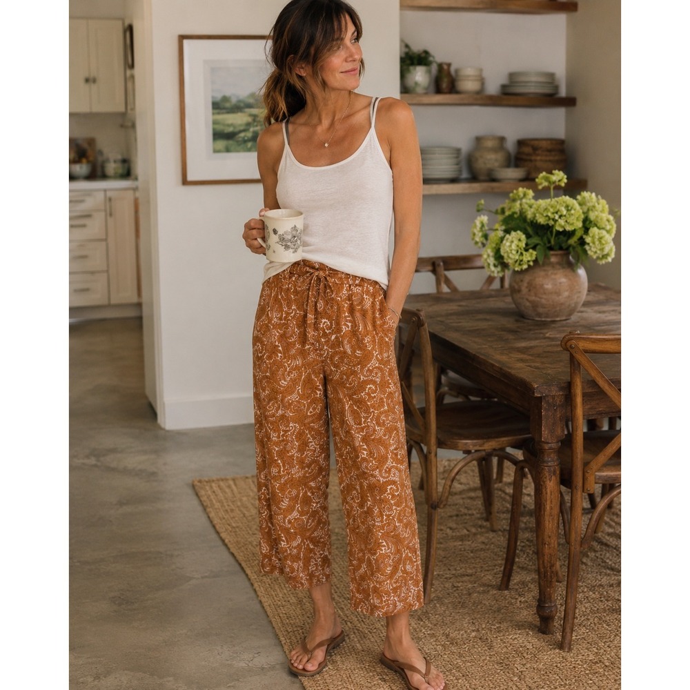 Sigrid Olsen Pants Womens Small Linen Blend Wide Leg Tie Waist Paisley Crop